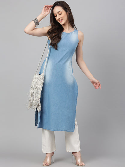 Janasya Women's Light Blue Denim Solid Casual Straight Kurta - Distacart