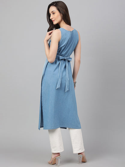 Janasya Women's Light Blue Denim Solid Casual Straight Kurta - Distacart