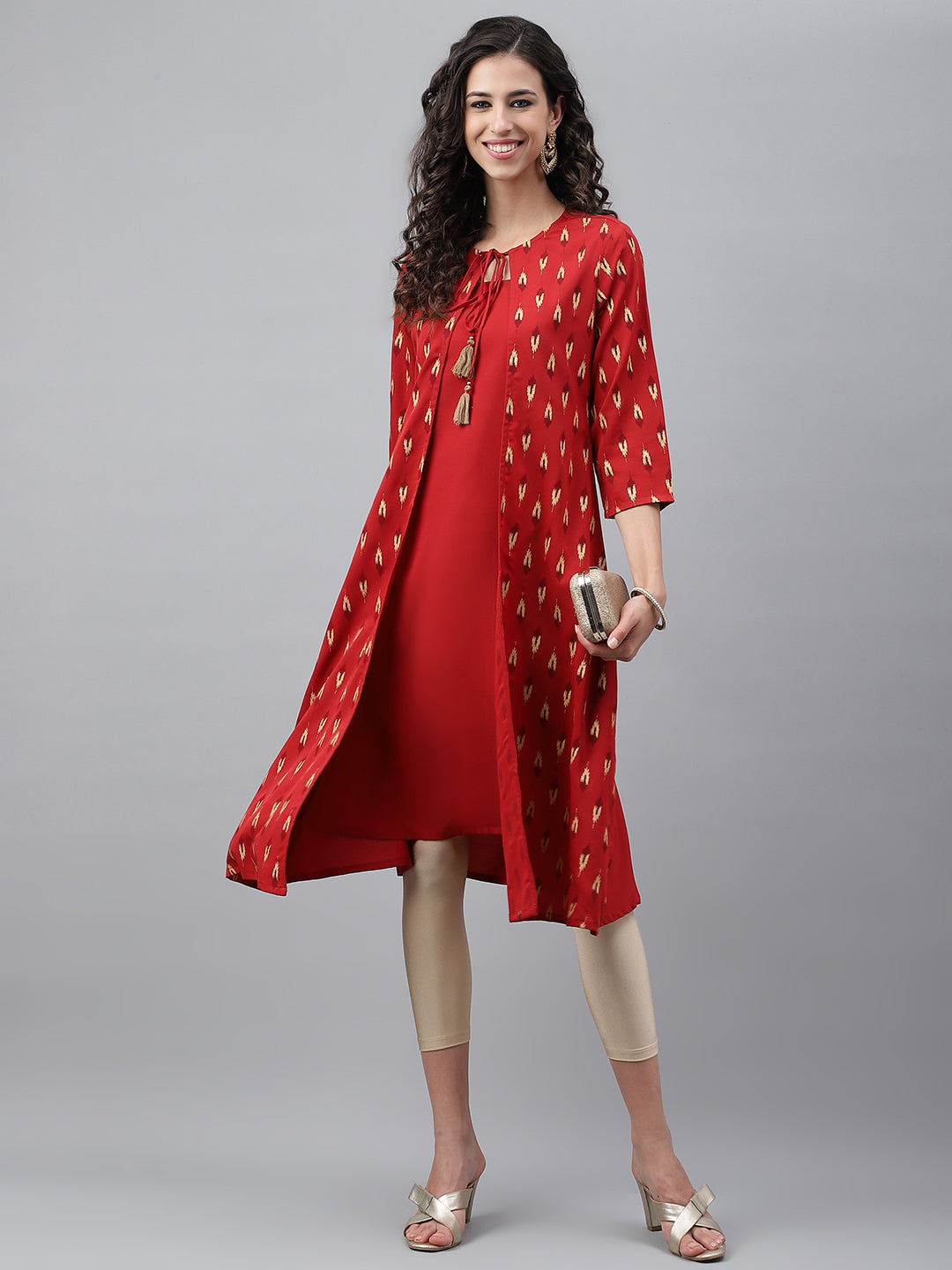 Janasya Women's Red Crepe Ikat Printed Festive Jacket Style Kurta - Distacart