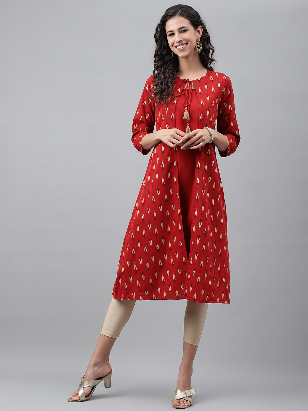 Janasya Women's Red Crepe Ikat Printed Festive Jacket Style Kurta - Distacart