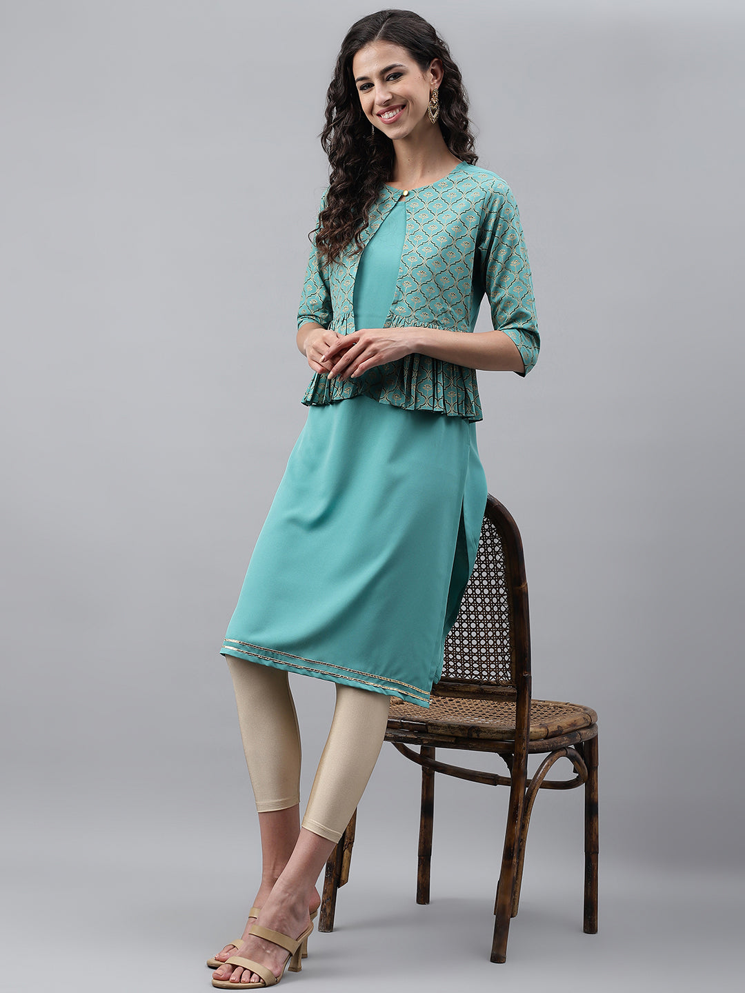 Janasya Women's Green Crepe Foil Printed Festive Jacket Style Kurta - Distacart