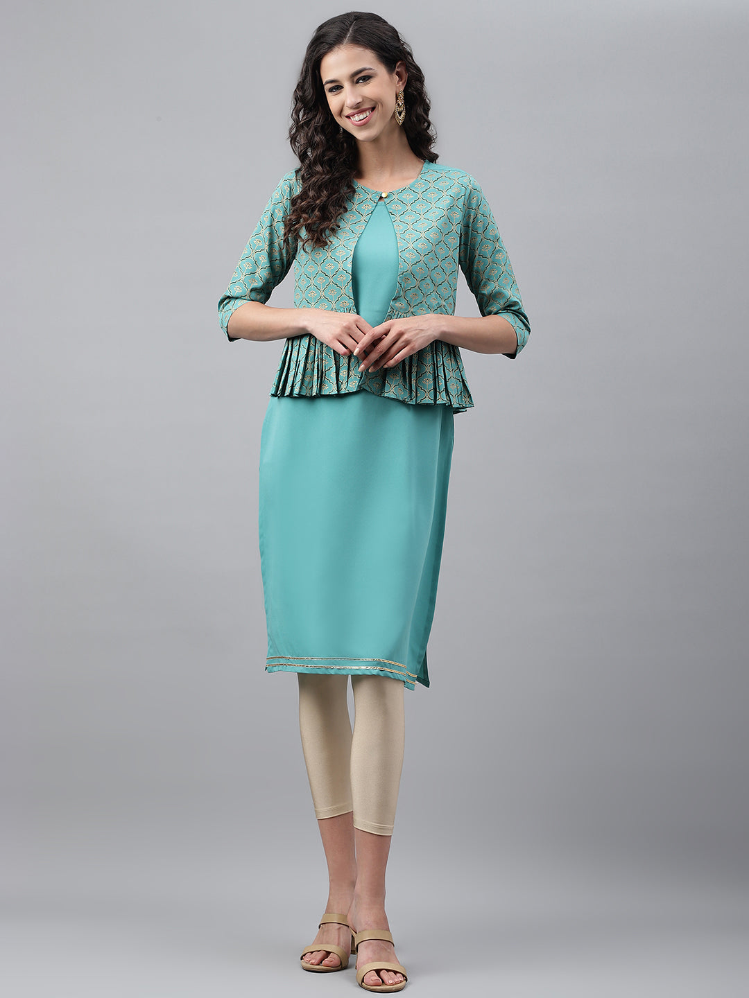 Janasya Women's Green Crepe Foil Printed Festive Jacket Style Kurta - Distacart