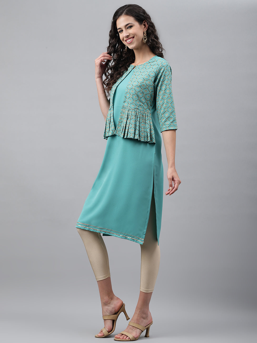 Janasya Women's Green Crepe Foil Printed Festive Jacket Style Kurta - Distacart