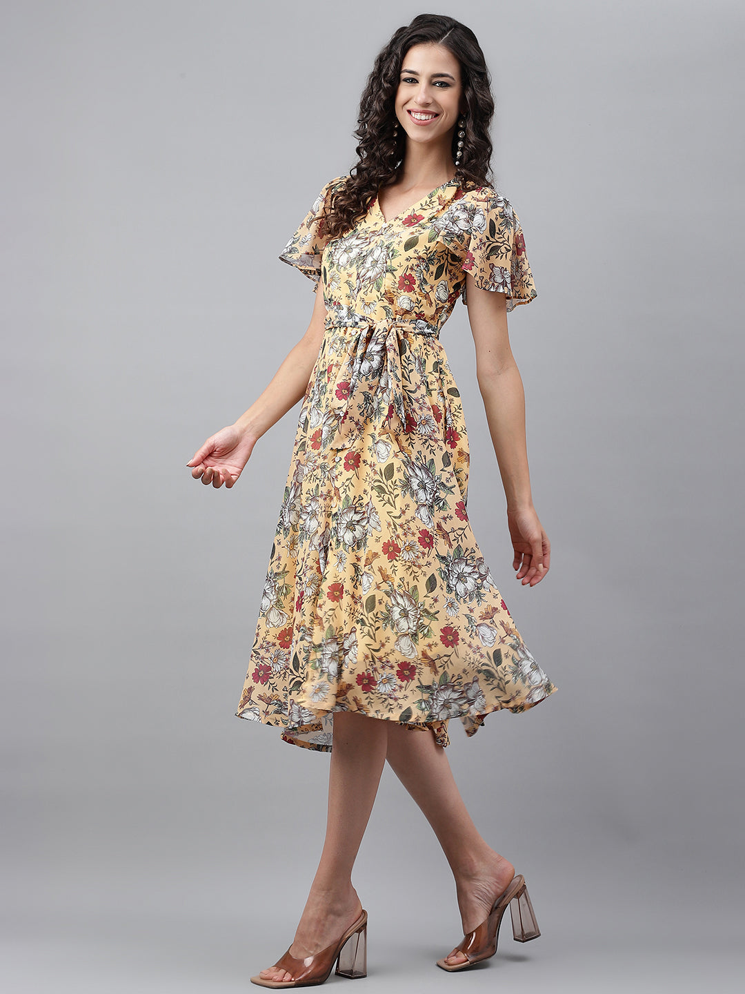 Janasya Women's Yellow Georgette Digital Printed Flared Casual Dress - Distacart