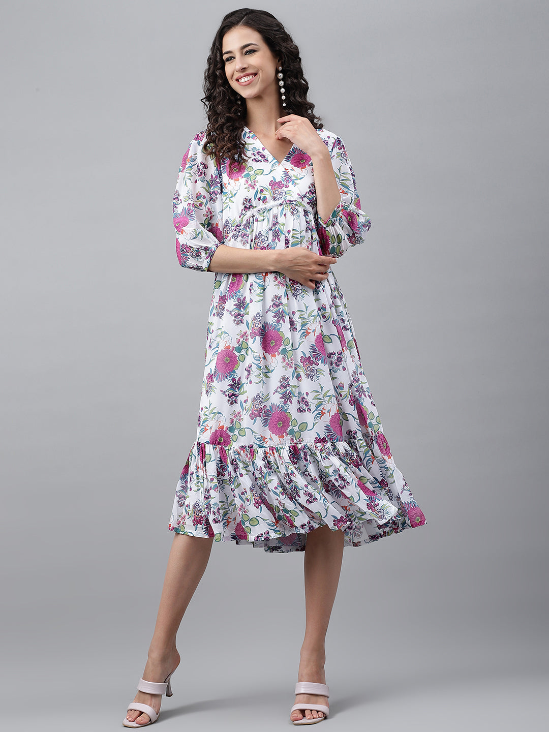 Janasya Women's White Georgette Digital Printed Flared Casual Dress - Distacart