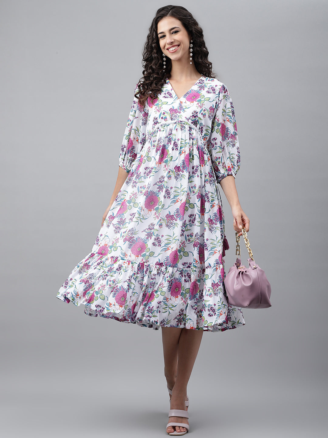 Janasya Women's White Georgette Digital Printed Flared Casual Dress - Distacart