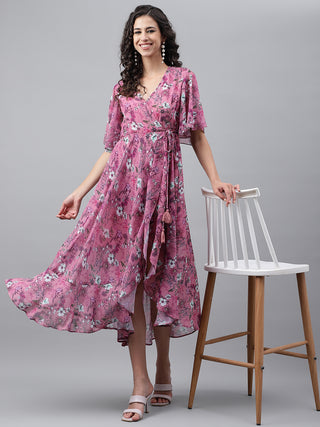 Janasya Women's Pink Georgette Digital Printed Wrap Casual Dress - Distacart