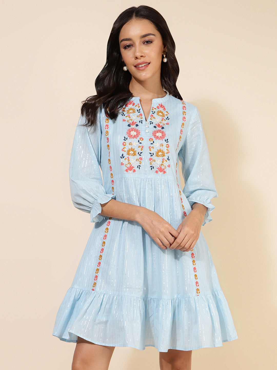 Janasya Women's Sky Blue Cotton Embroidery Casual Dress - Distacart