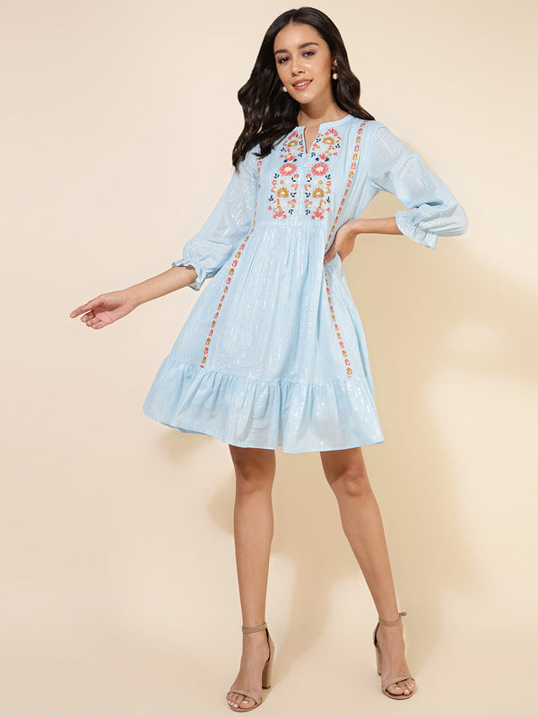 Janasya Women's Sky Blue Cotton Embroidery Casual Dress - Distacart