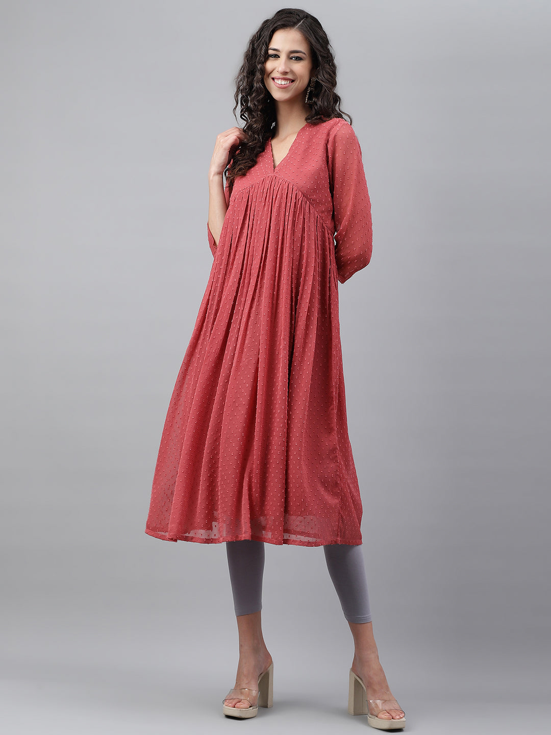 Janasya Women's Pink Dobby Chiffon Self Design Casual Empire Kurta - Distacart