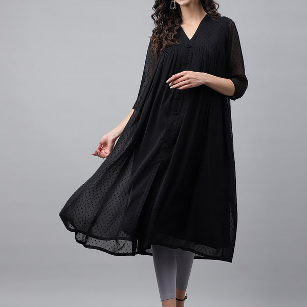 Janasya Women's Black Dobby Chiffon Self Design Festive Empire Kurta - Distacart