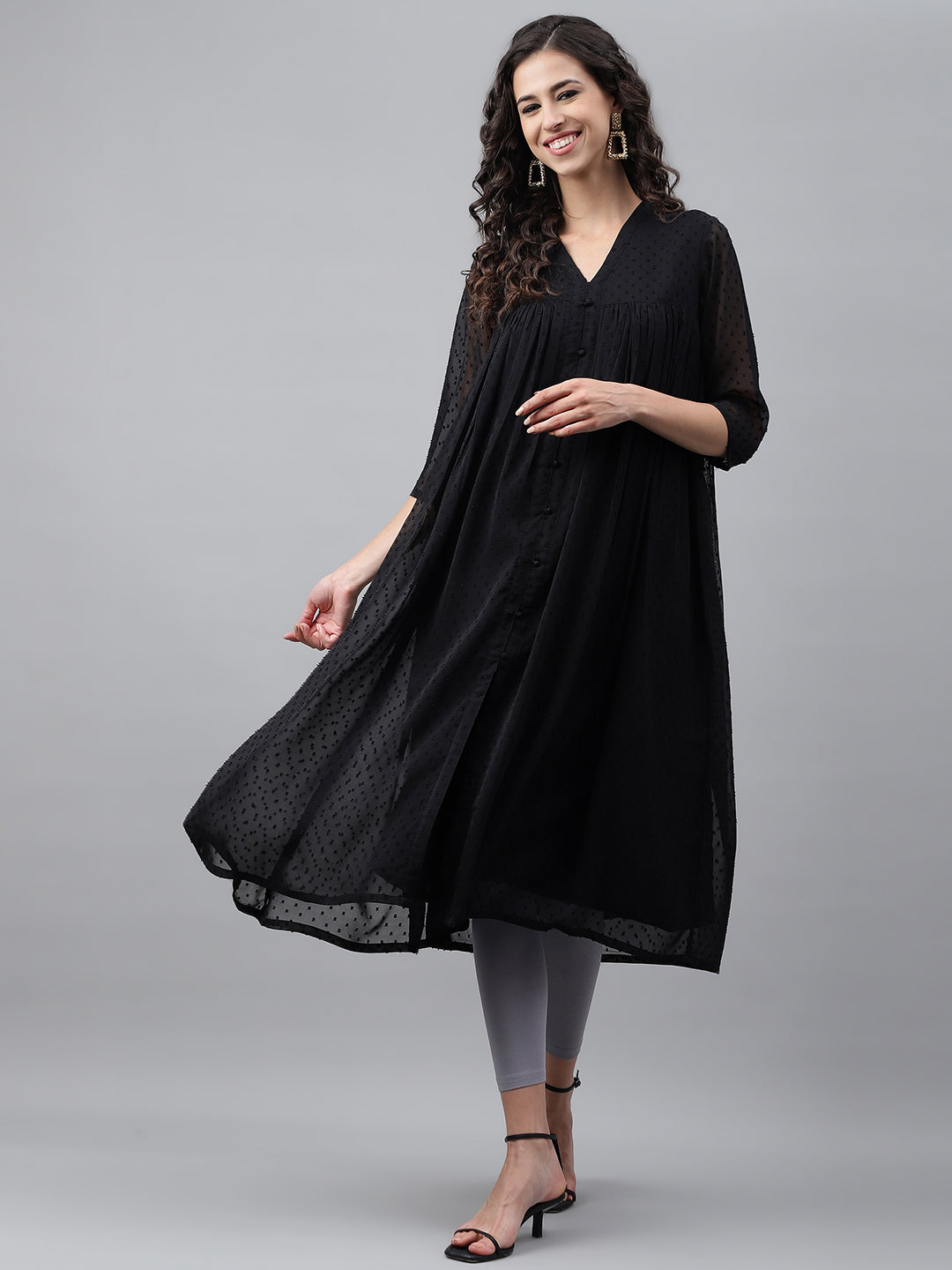 Janasya Women's Black Dobby Chiffon Self Design Festive Empire Kurta - Distacart