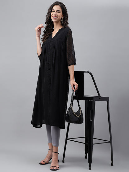 Janasya Women's Black Dobby Chiffon Self Design Festive Empire Kurta - Distacart
