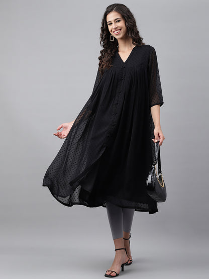 Janasya Women's Black Dobby Chiffon Self Design Festive Empire Kurta - Distacart