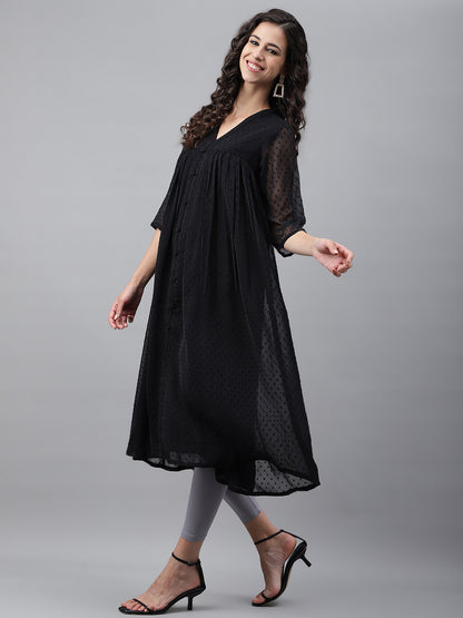 Janasya Women's Black Dobby Chiffon Self Design Festive Empire Kurta - Distacart