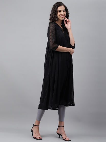 Janasya Women's Black Dobby Chiffon Self Design Festive Empire Kurta - Distacart