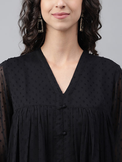 Janasya Women's Black Dobby Chiffon Self Design Festive Empire Kurta - Distacart