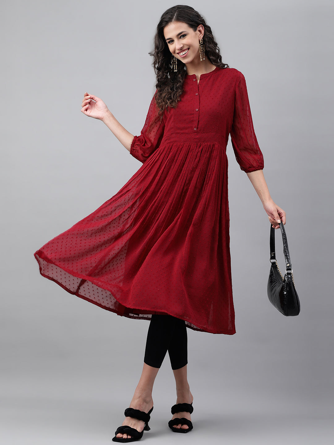 Janasya Women's Maroon Dobby Chiffon Self Design Casual Flared Kurta - Distacart