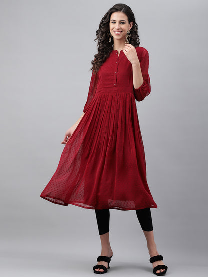 Janasya Women's Maroon Dobby Chiffon Self Design Casual Flared Kurta - Distacart