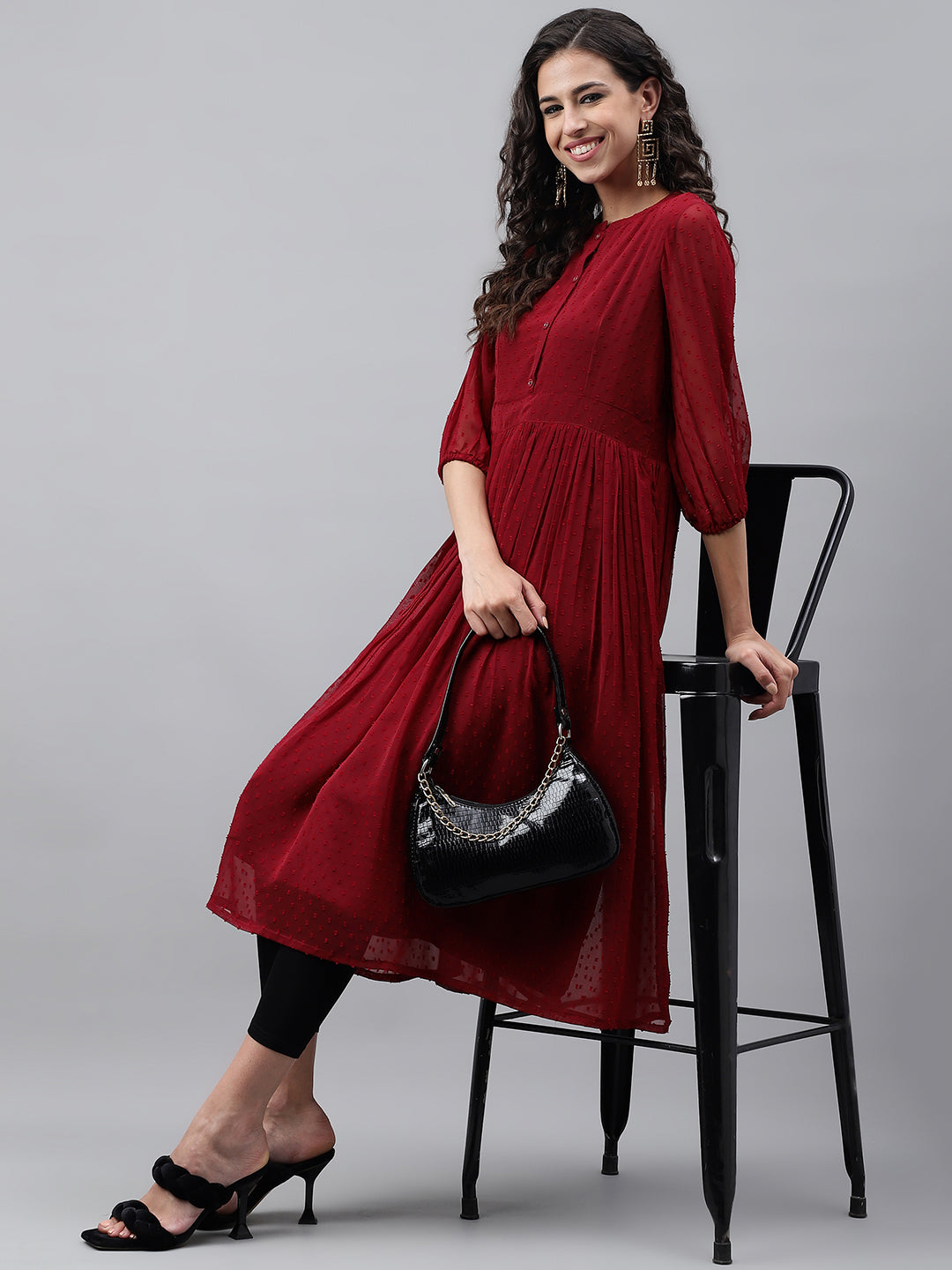 Janasya Women's Maroon Dobby Chiffon Self Design Casual Flared Kurta - Distacart