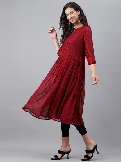 Janasya Women's Maroon Dobby Chiffon Self Design Casual Flared Kurta - Distacart