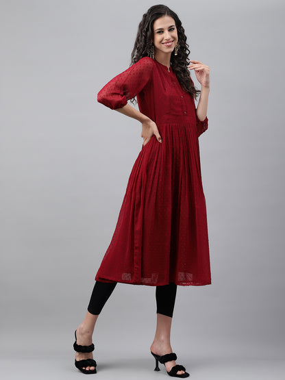 Janasya Women's Maroon Dobby Chiffon Self Design Casual Flared Kurta - Distacart