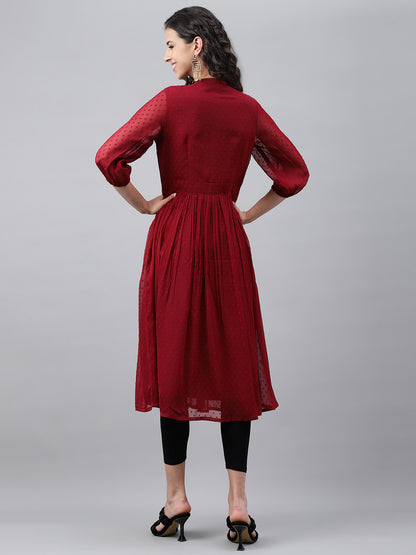 Janasya Women's Maroon Dobby Chiffon Self Design Casual Flared Kurta - Distacart