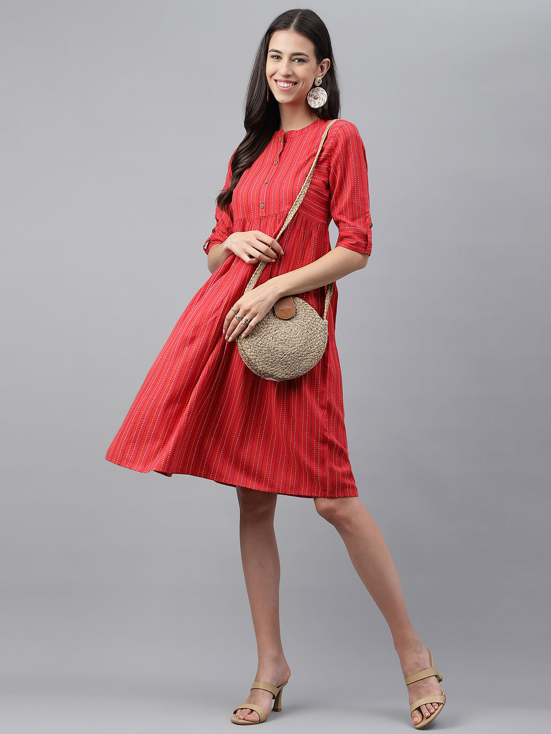 Janasya Women's Red Cotton Woven Design Flared Casual Dress - Distacart