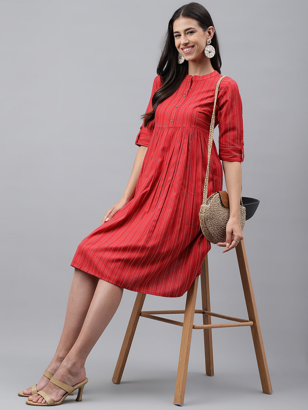 Janasya Women's Red Cotton Woven Design Flared Casual Dress - Distacart