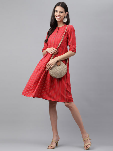 Janasya Women's Red Cotton Woven Design Flared Casual Dress - Distacart