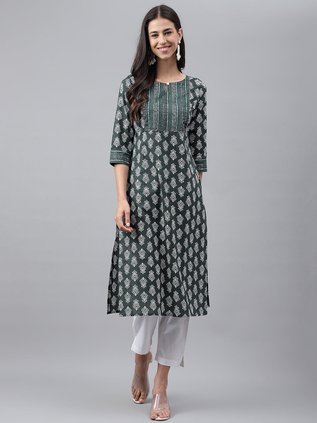 Janasya Women's Dark Green Cotton Ethnic Motifs Casual Straight Kurta - Distacart
