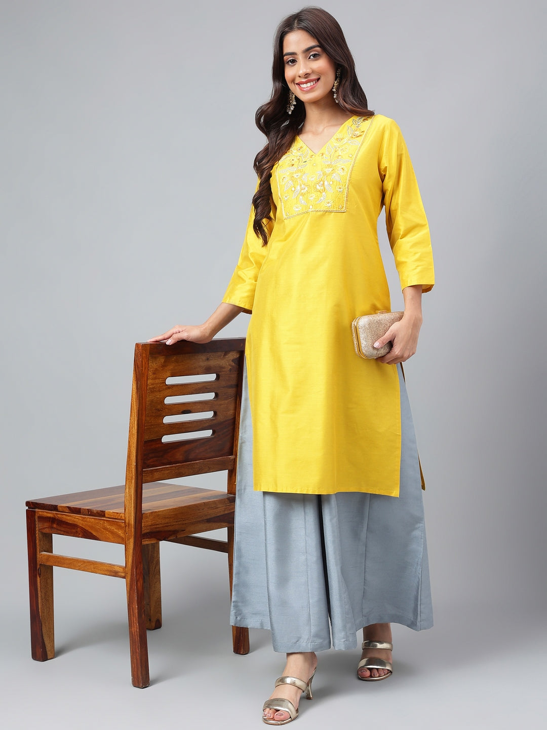 Janasya Women's Yellow Poly Silk Solid Festive Straight Kurta - Distacart