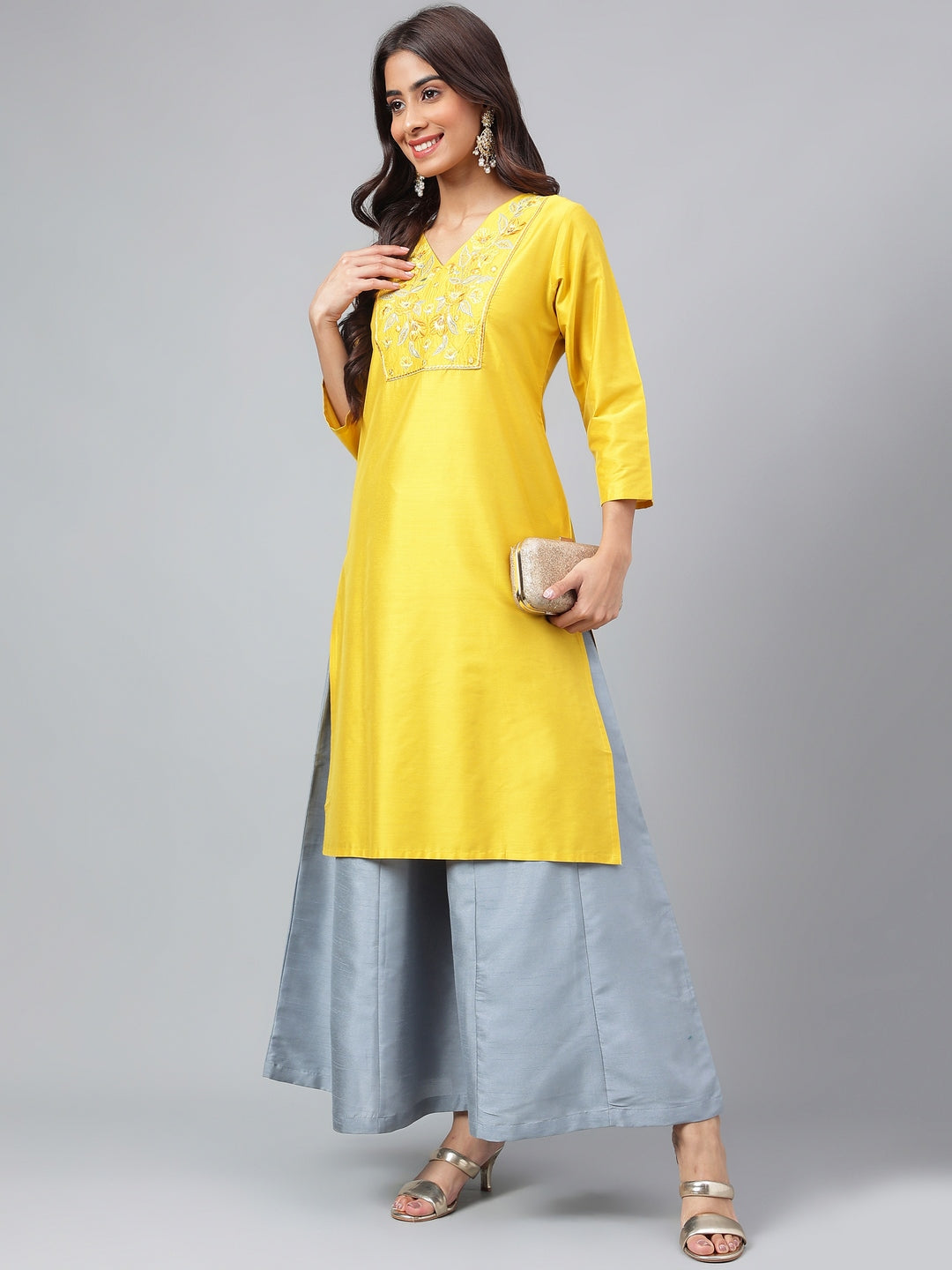 Janasya Women's Yellow Poly Silk Solid Festive Straight Kurta - Distacart