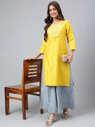 Janasya Women's Yellow Poly Silk Solid Festive Straight Kurta - Distacart