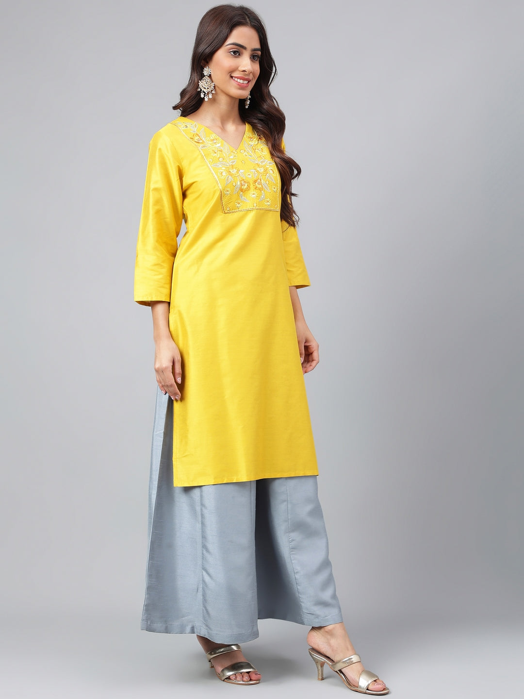 Janasya Women's Yellow Poly Silk Solid Festive Straight Kurta - Distacart