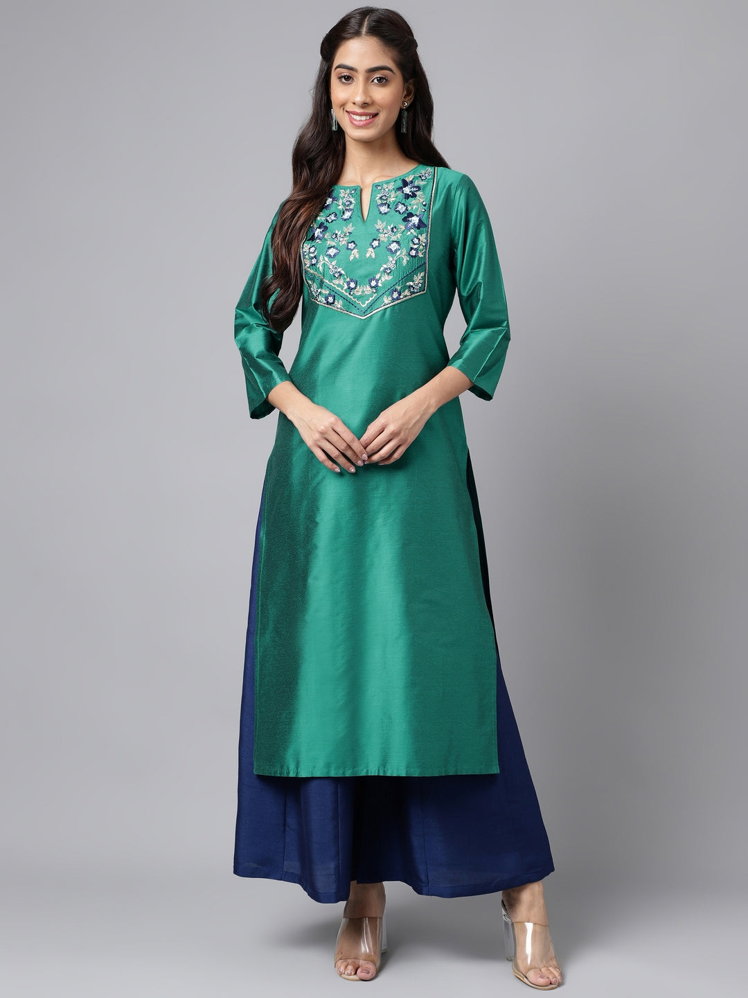 Janasya Women's Peacock Green Poly Silk Solid Festive Straight Kurta - Distacart