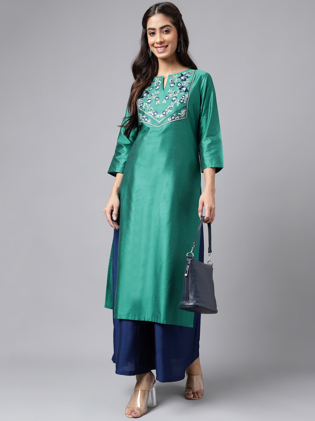 Janasya Women's Peacock Green Poly Silk Solid Festive Straight Kurta - Distacart