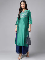 Thumbnail for Janasya Women's Peacock Green Poly Silk Solid Festive Straight Kurta - Distacart