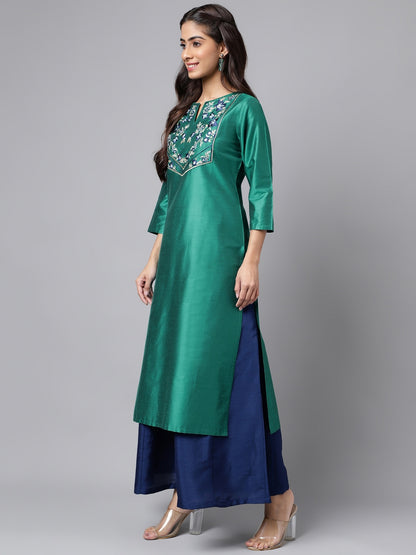 Janasya Women's Peacock Green Poly Silk Solid Festive Straight Kurta - Distacart