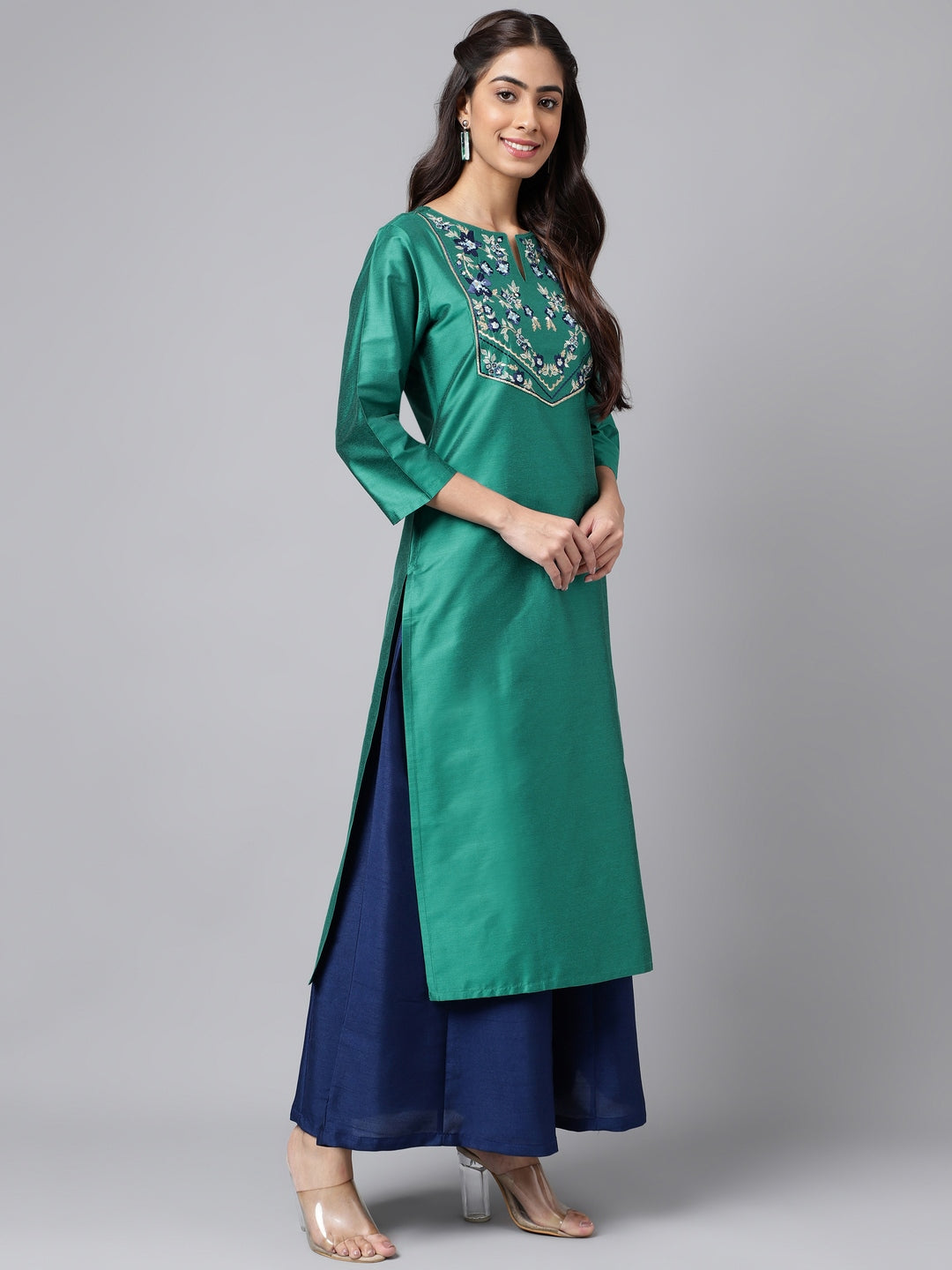 Janasya Women's Peacock Green Poly Silk Solid Festive Straight Kurta - Distacart