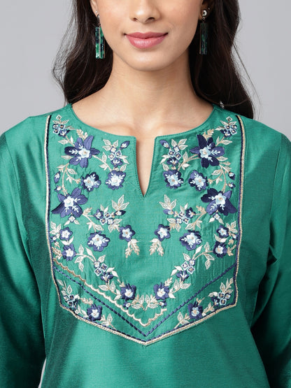 Janasya Women's Peacock Green Poly Silk Solid Festive Straight Kurta - Distacart