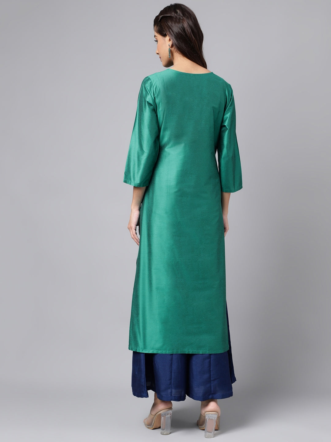 Janasya Women's Peacock Green Poly Silk Solid Festive Straight Kurta - Distacart