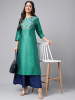 Thumbnail for Janasya Women's Peacock Green Poly Silk Solid Festive Straight Kurta - Distacart