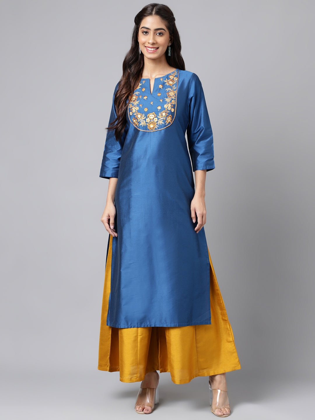 Janasya Women's Blue Poly Silk Solid Festive Straight Kurta - Distacart