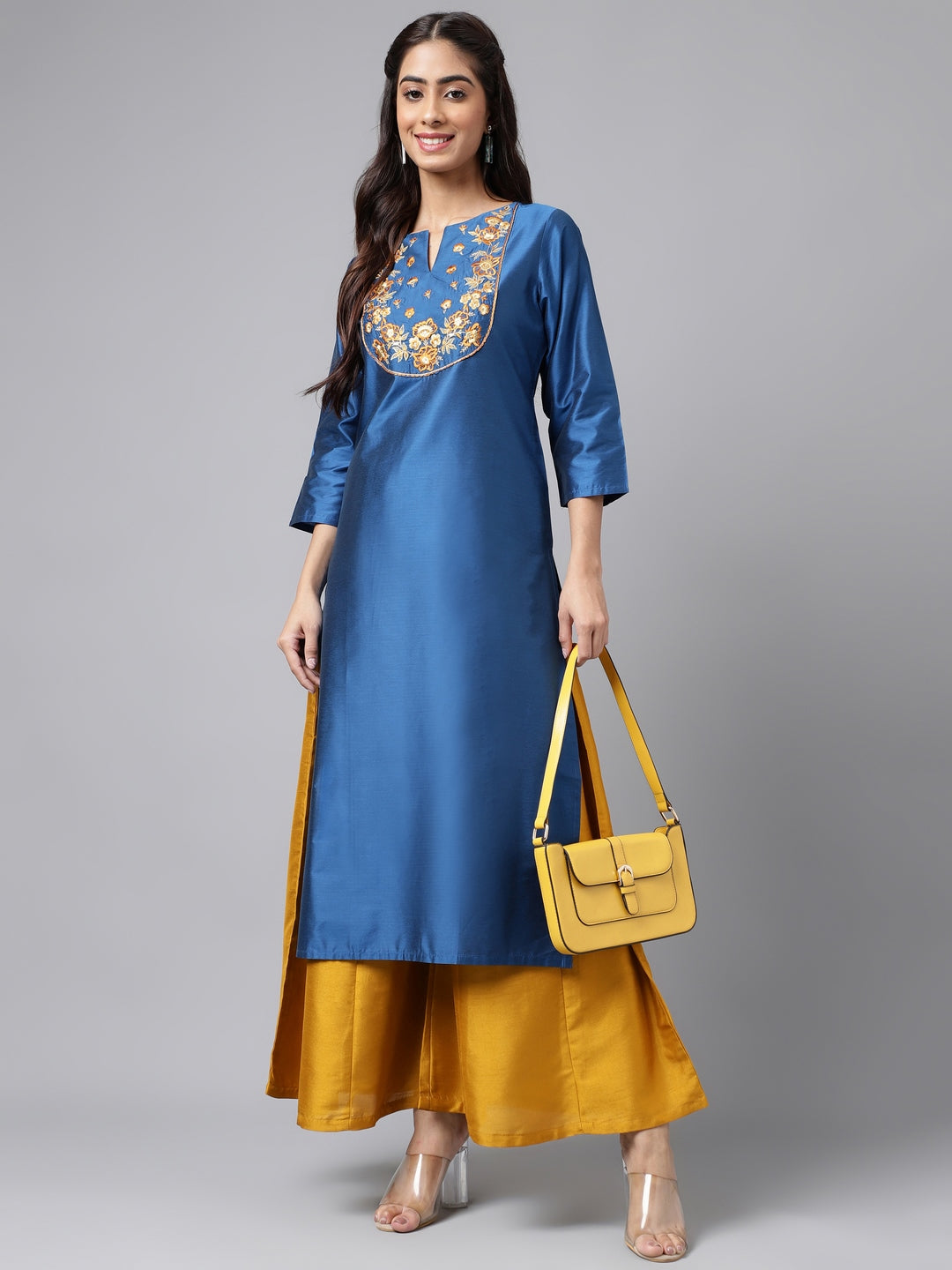 Janasya Women's Blue Poly Silk Solid Festive Straight Kurta - Distacart