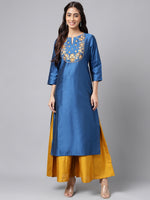 Thumbnail for Janasya Women's Blue Poly Silk Solid Festive Straight Kurta - Distacart