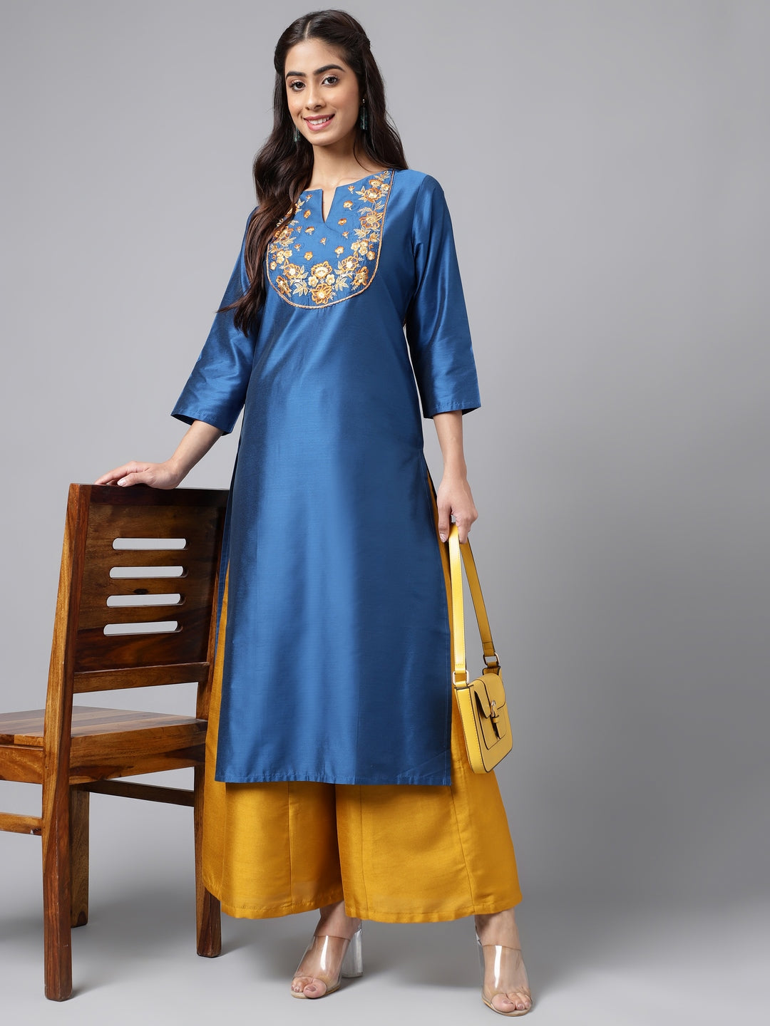 Janasya Women's Blue Poly Silk Solid Festive Straight Kurta - Distacart