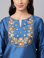 Thumbnail for Janasya Women's Blue Poly Silk Solid Festive Straight Kurta - Distacart