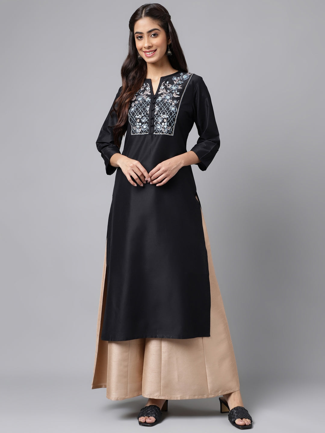 Janasya Women's Black Poly Silk Solid Festive Straight Kurta - Distacart