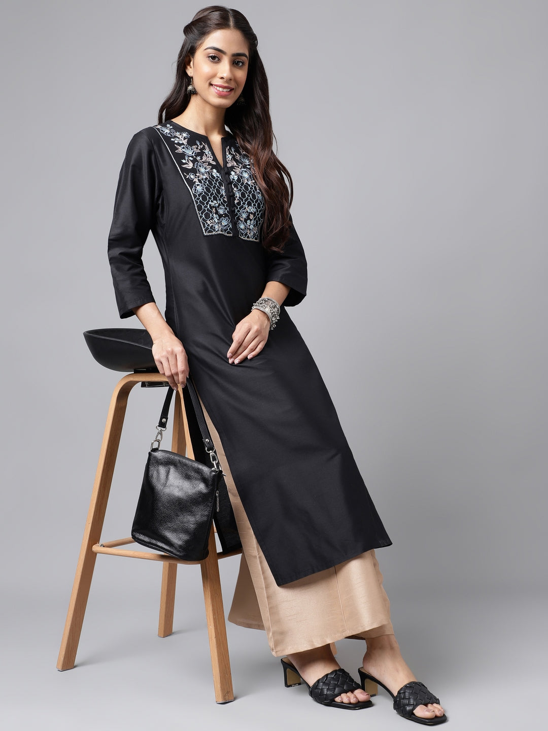 Janasya Women's Black Poly Silk Solid Festive Straight Kurta - Distacart